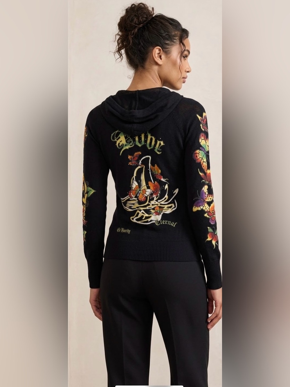 Ed Hardy Black vintage Cowl Neck hoodie Sweater Floral & Swan